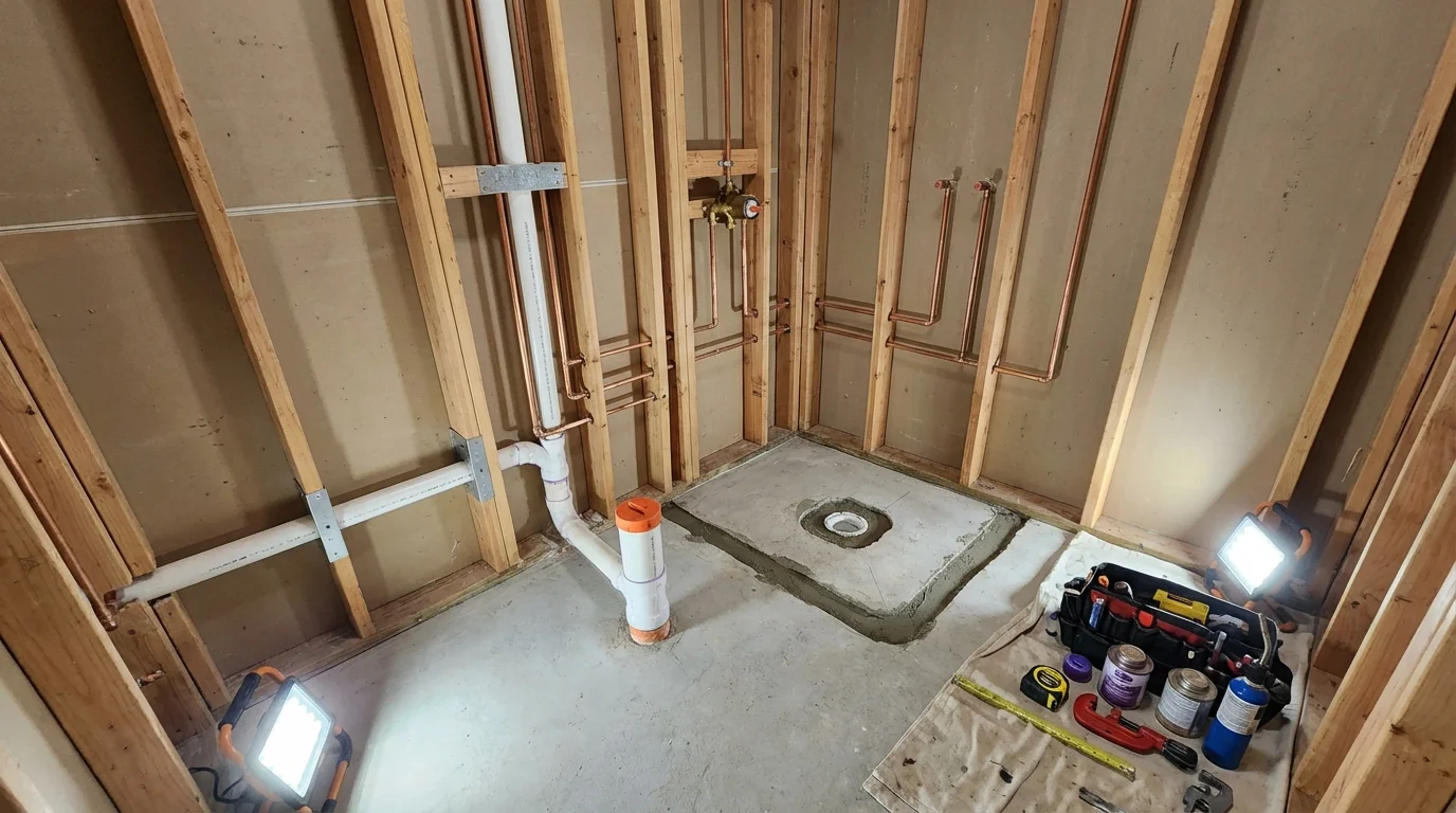 Bathroom rough-in plumbing during remodel by Johns Plumbing LLC in Oak Island