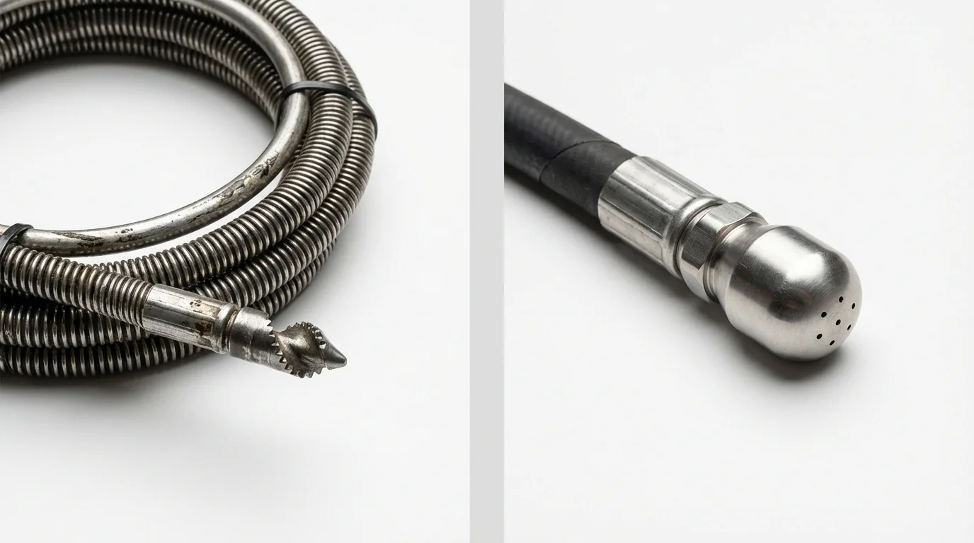 Drain snake cable and hydro jetting nozzle used for drain cleaning in Oak Island, NC