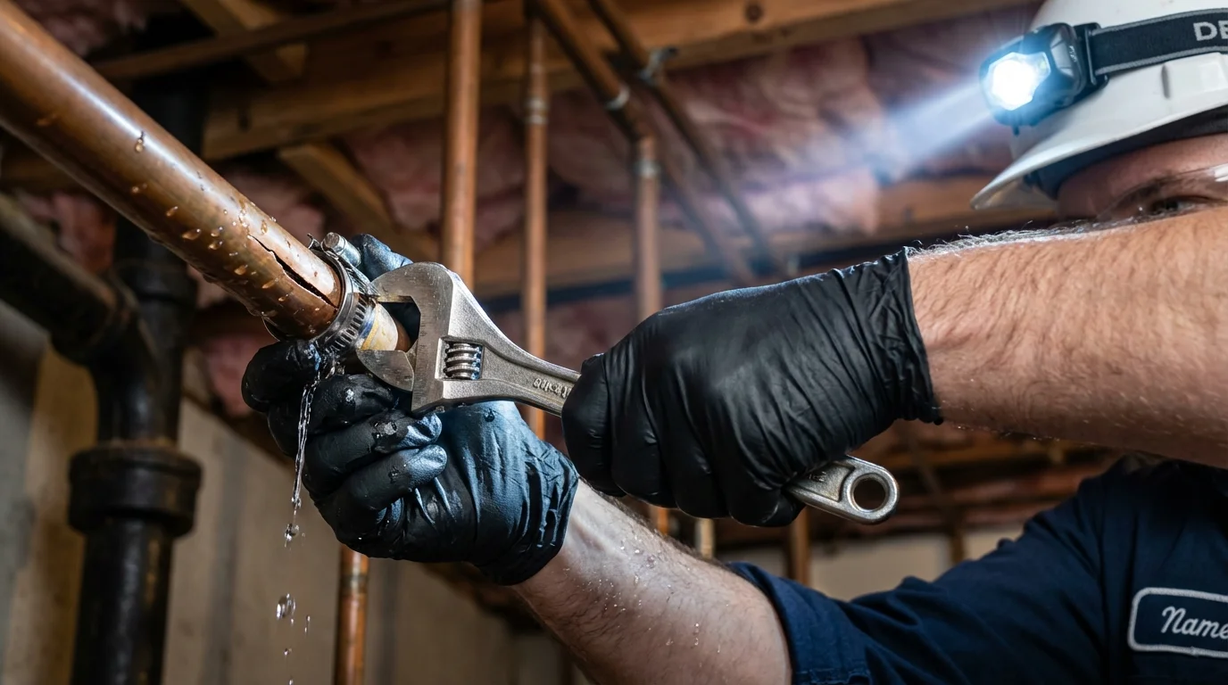 Emergency pipe clamp repair being performed by a Johns Plumbing LLC plumber in Oak Island