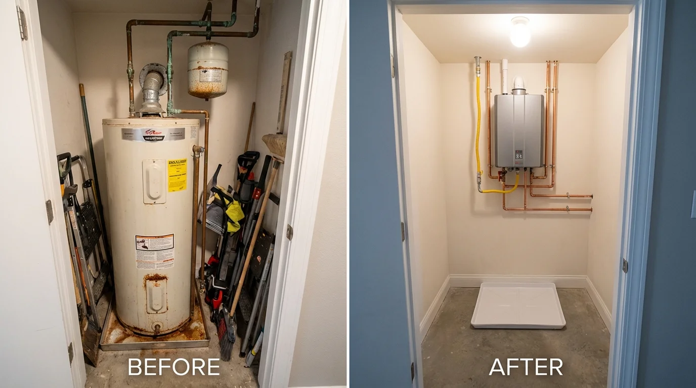 Tank water heater versus wall-mounted tankless unit comparison for Oak Island, NC homeowners