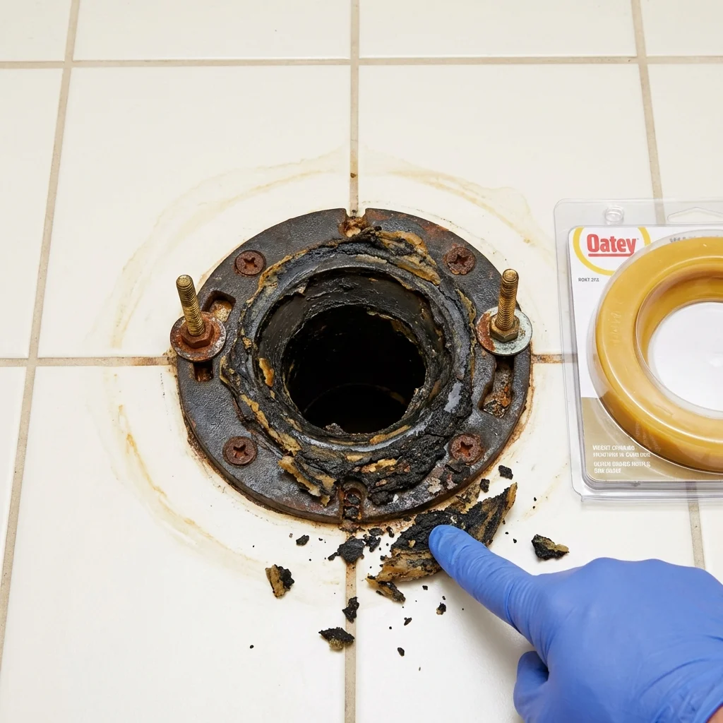 Failed wax ring showing water seepage at the base of a toilet in a Oak Island, NC home