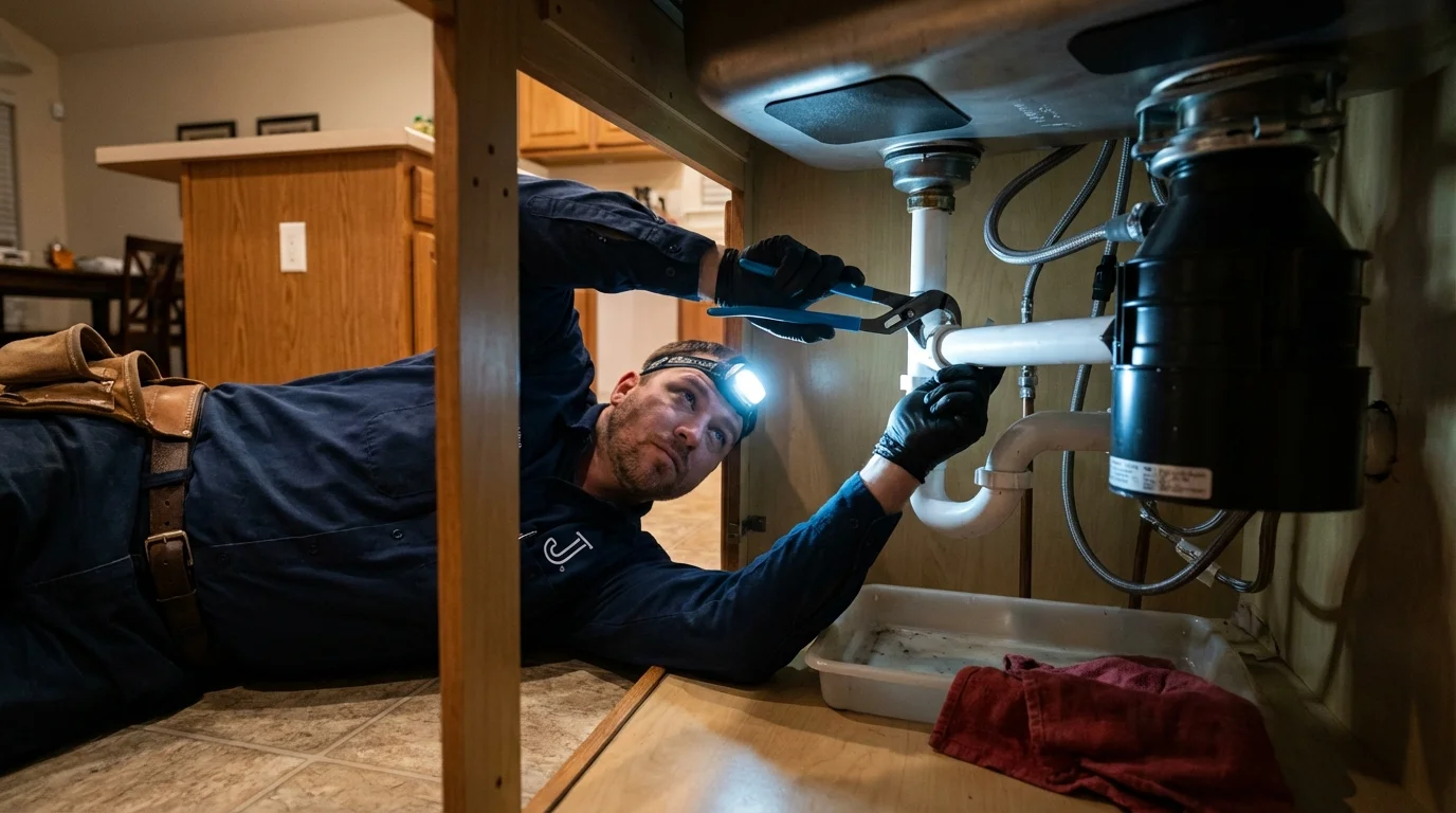 P-trap and supply line connections under a kitchen sink showing a common leak point in Oak Island, NC